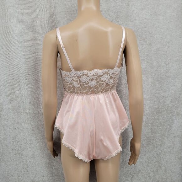Vintage 80s Peach Lace Trimmed Satin Bodysuit Coquettegirl - Picture 6 of 10
